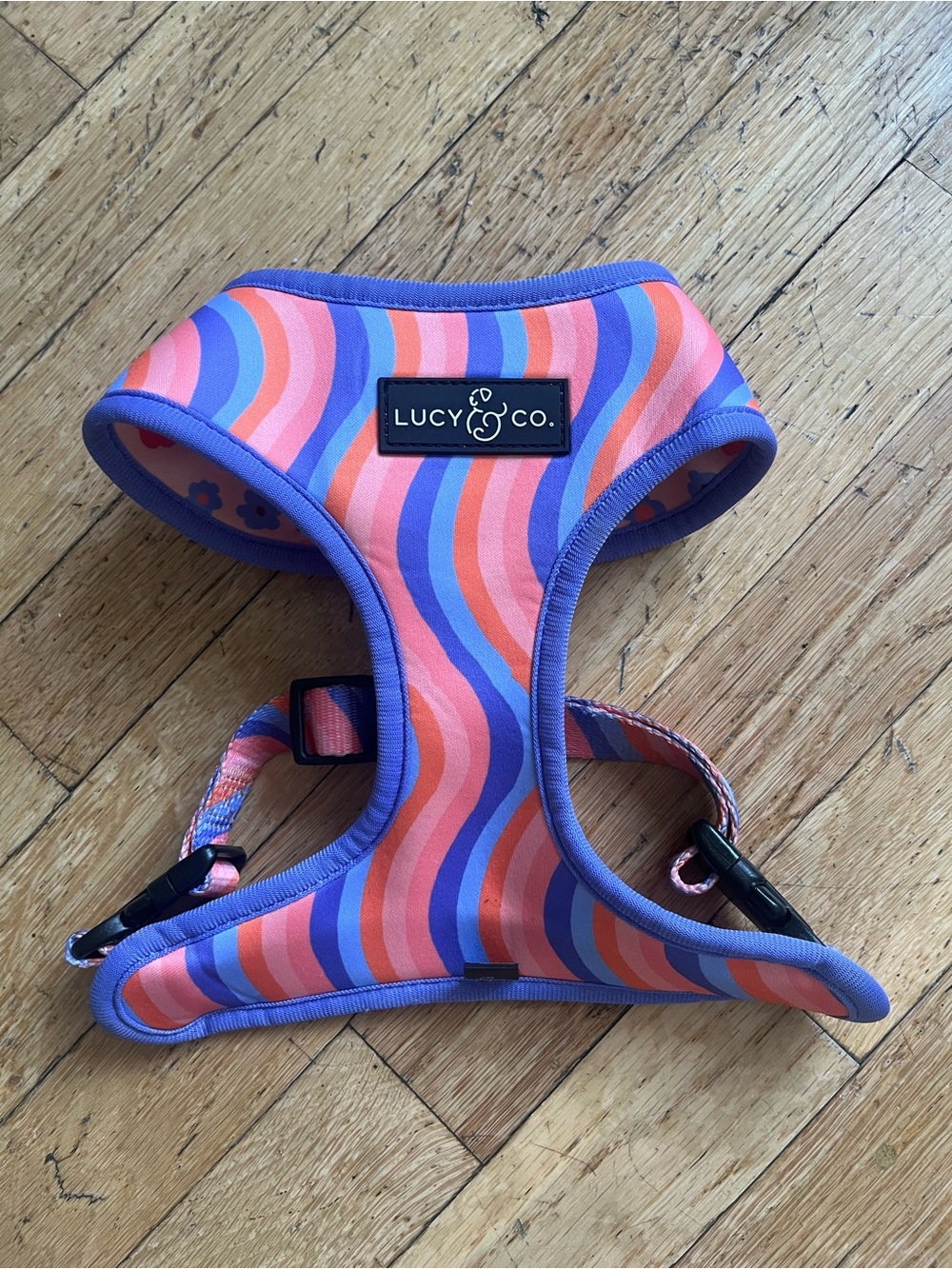 Lucy & Co. Reversible Pink Floral Dog Harness with Purple Trim - Picture 2 of 2